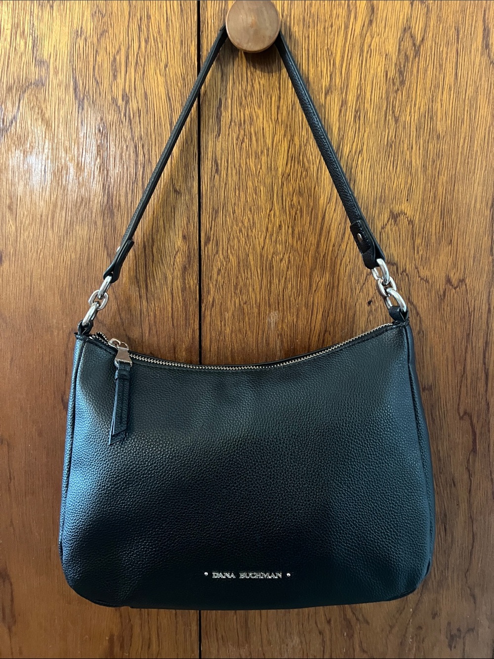 Dana Buchman Black Pebbled Leather Shoulder Bag with Silver Hardware